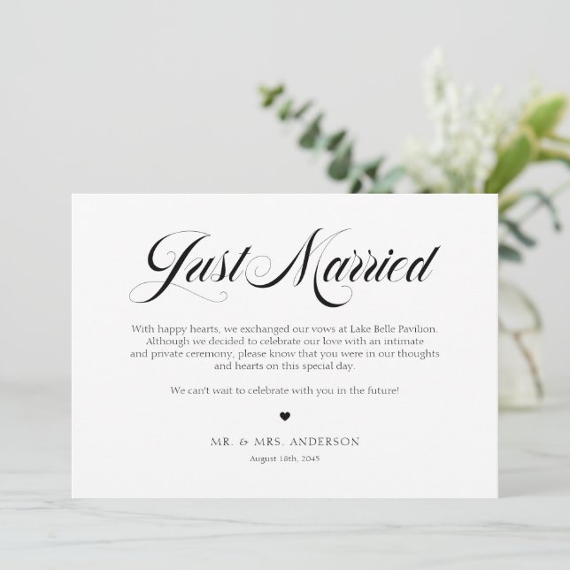Black Elegant Bold Calligraphy Just Married Announcement (Standing Front)