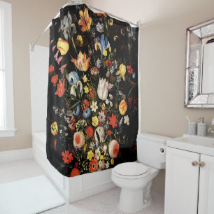 Black Elegant Botanical Floral Shower Curtain