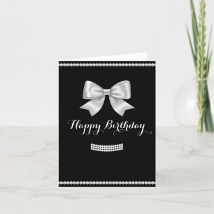 Black elegant bow pearl Happy Birthday Holiday Card