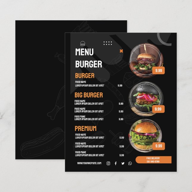 Black Elegant Burger Restaurant Menu Invitation (Front/Back)