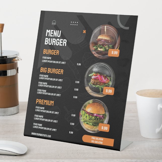 Black Elegant Burger Restaurant Menu Invitation Pedestal Sign (In SItu)