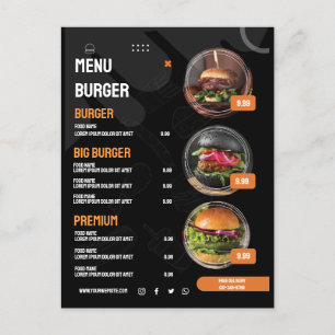 Black Elegant Burger Restaurant Menu Invitation Postcard