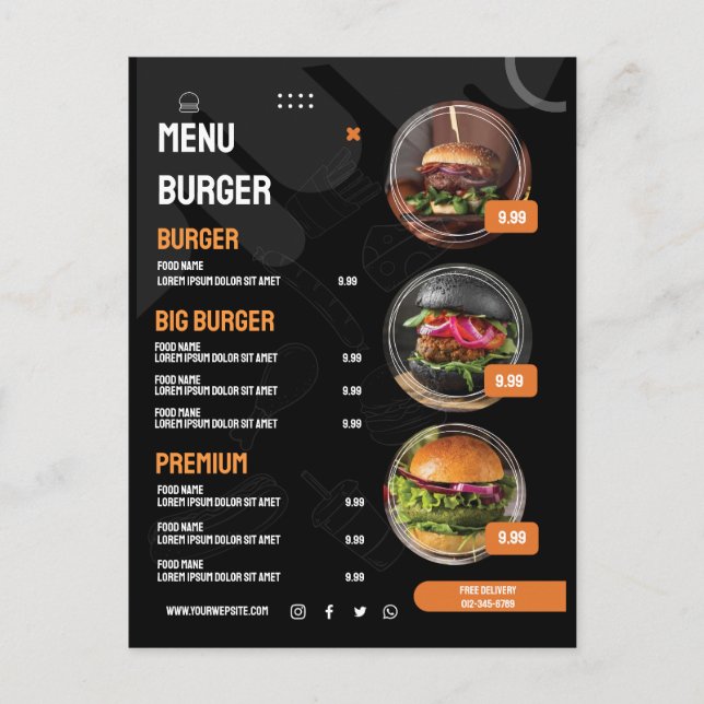 Black Elegant Burger Restaurant Menu Invitation Postcard (Front)