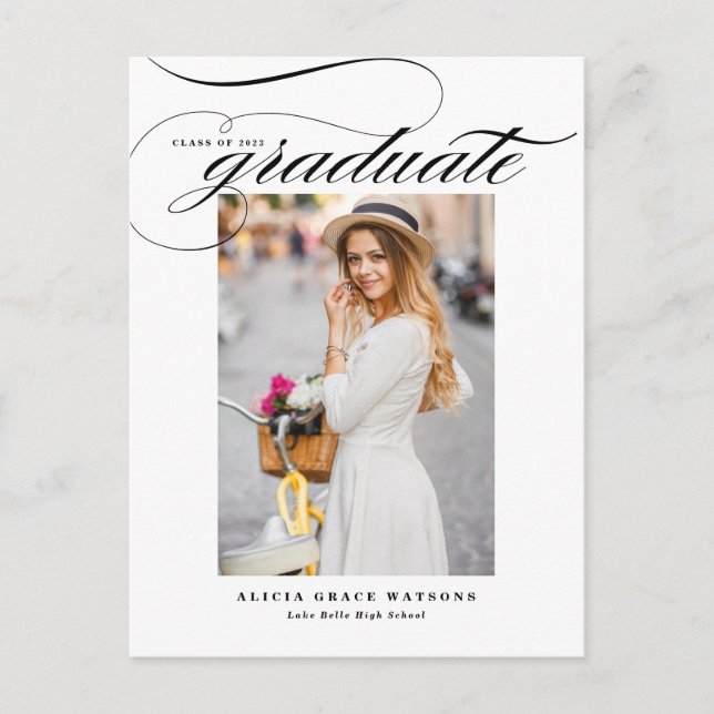 Black Elegant Calligraphy Photo Graduation Announcement Postcard (Front)