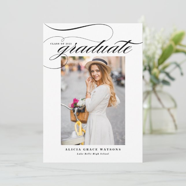 Black Elegant Calligraphy Photo Graduation Invitation (Standing Front)