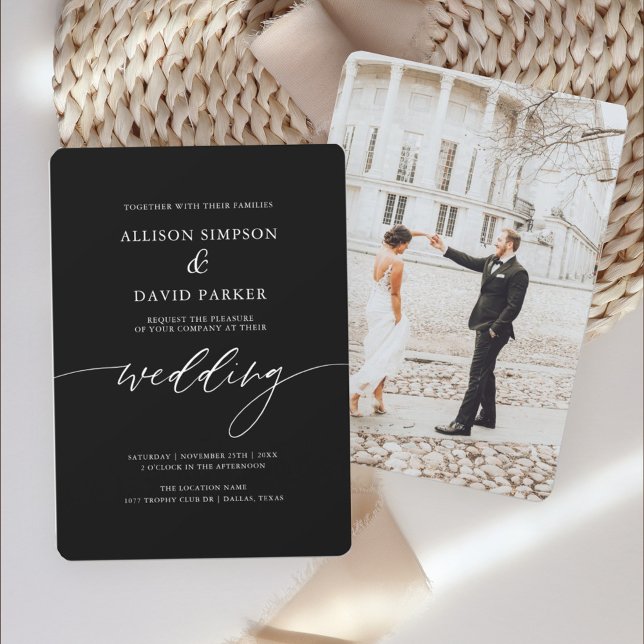 Black Elegant Calligraphy Photo Wedding Invitation (Creator Uploaded)