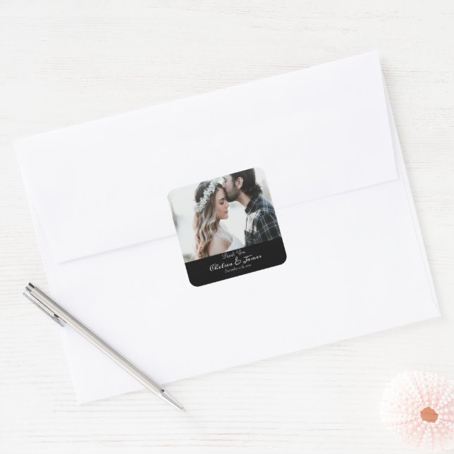 Black Elegant Calligraphy Photo Wedding Thank You Square Sticker (Envelope)