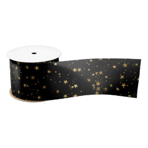 Black Elegant Celestial Starry Gold Stars Design Satin Ribbon