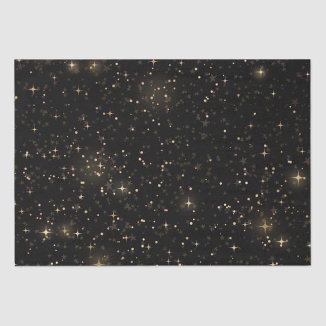 Black Elegant Celestial Starry Gold Stars Design Tissue Paper (Front)
