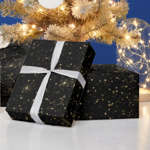 Black Elegant Celestial Starry Gold Stars Design Wrapping Paper