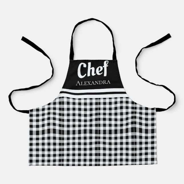 Black Elegant Chef Buffalo Plaid Black White Apron (Front)