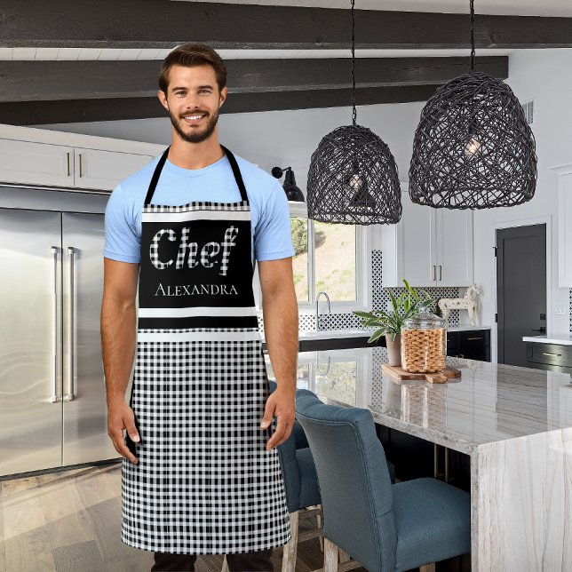 Black Elegant Chef Buffalo Plaid Black White Apron (Creator Uploaded)