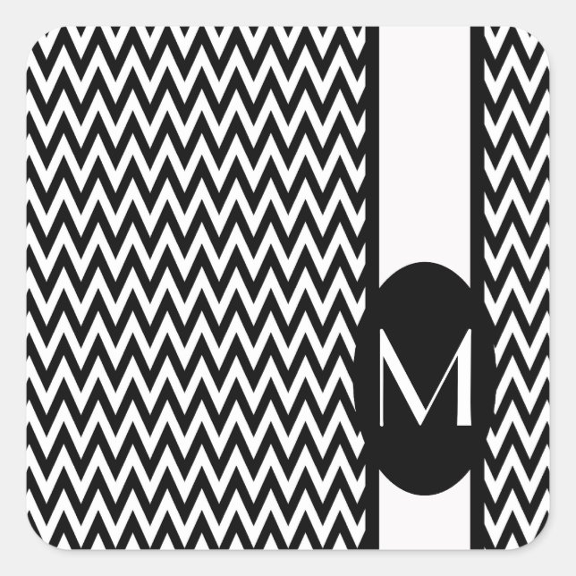 Black Elegant Chevron Design with monogram Square Sticker (Front)