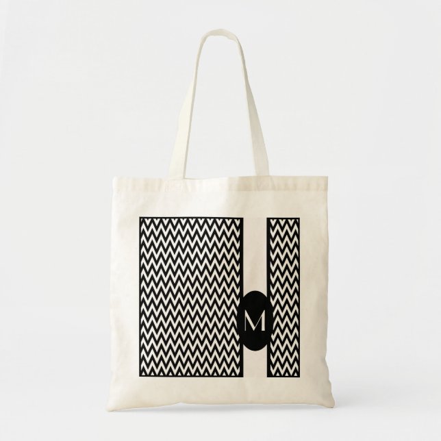 Black Elegant Chevron Design with monogram Tote Bag (Front)