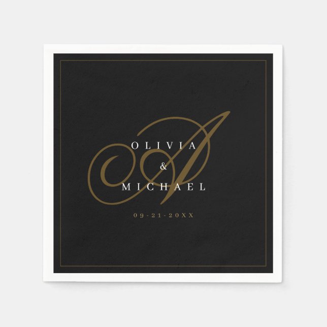 Black elegant classic calligraphy vintage wedding napkin (Front)