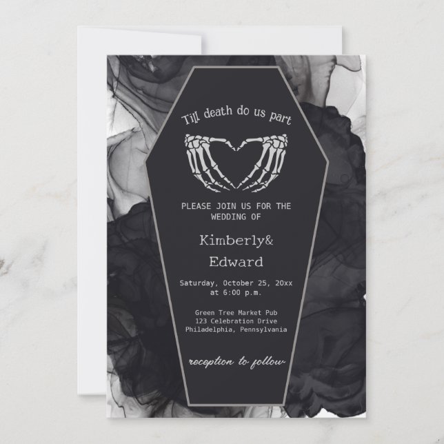 Black Elegant Coffin Gothic Halloween Wedding Invitation (Front)