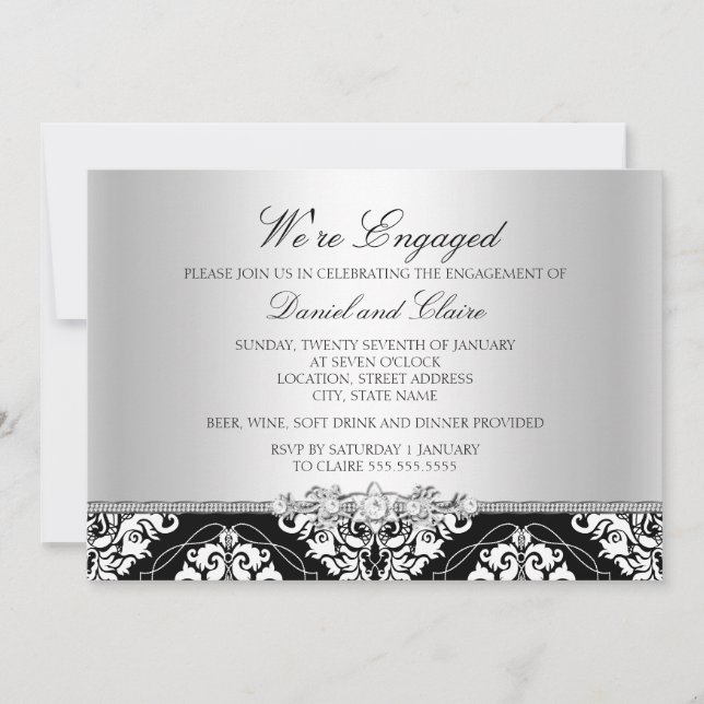 Black Elegant Damask Engagement Party Invitation (Front)