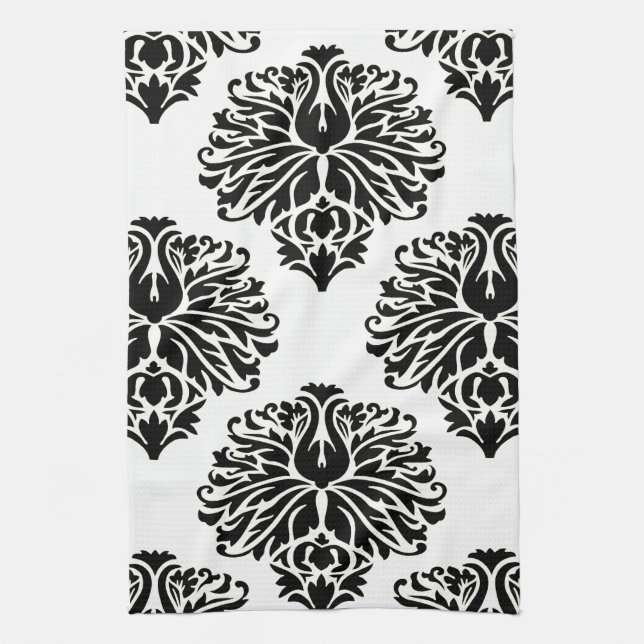 Black Elegant Damask Tea Towel (Vertical)
