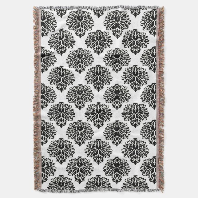 Black Elegant Damask Throw Blanket (Front Vertical)