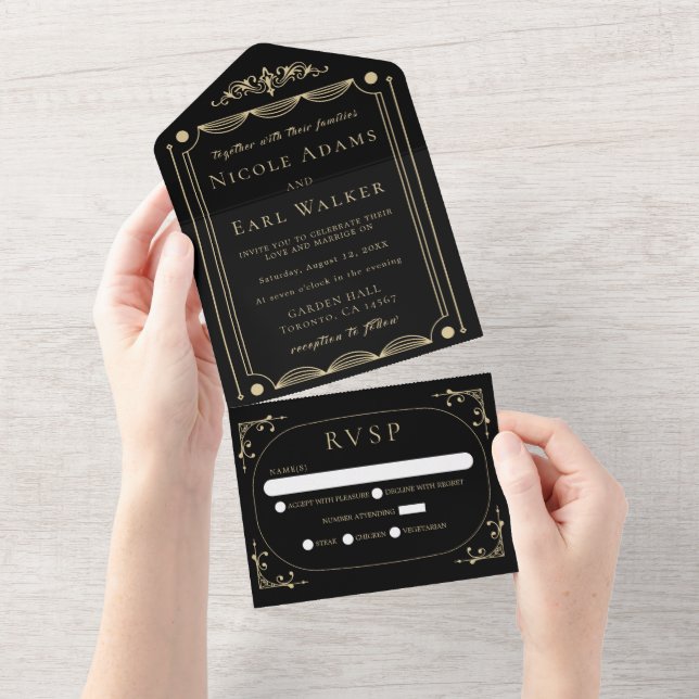 Black Elegant Deco Gold Retro Wedding All In One Invitation (Tearaway)