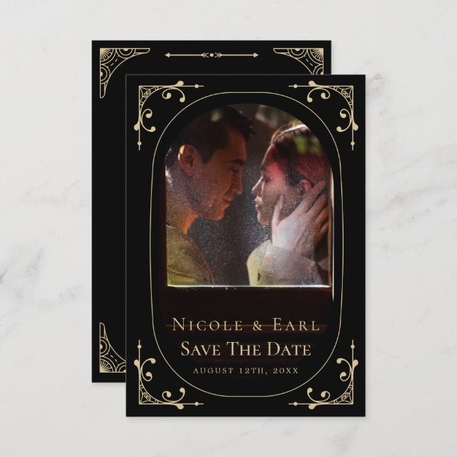 Black Elegant Deco Qr Code Photo Save The Date (Front/Back)
