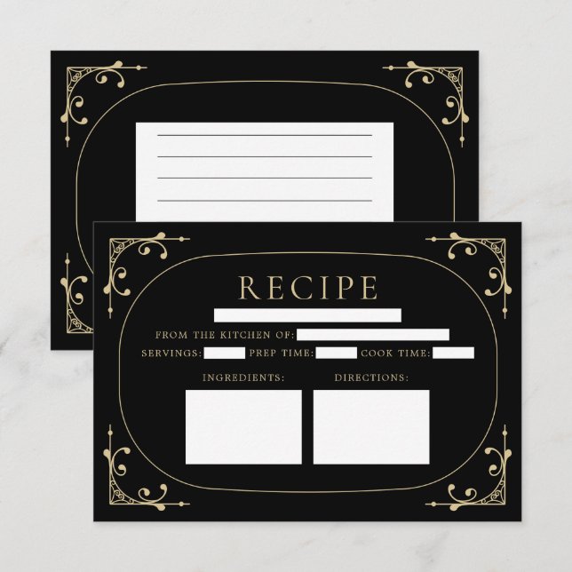 Black Elegant Deco Retro Bridal Shower Recipe Card (Front/Back)