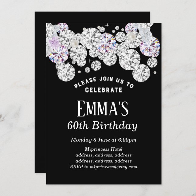 black elegant diamond, glitter birthday invitation (Front/Back)
