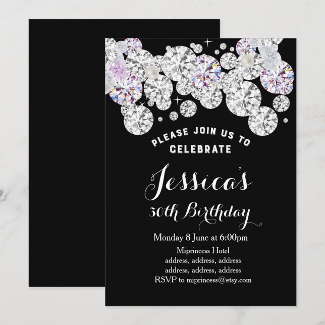 black elegant diamond, glitter birthday invitation (Front/Back)