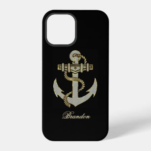 Black, Elegant Diamonds & Gold Nautical Anchor Ca iPhone 12 Pro Case