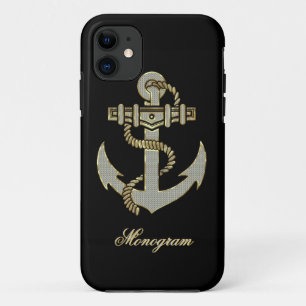 Black, Elegant Diamonds & Gold  Nautical Anchor iPhone 11 Case