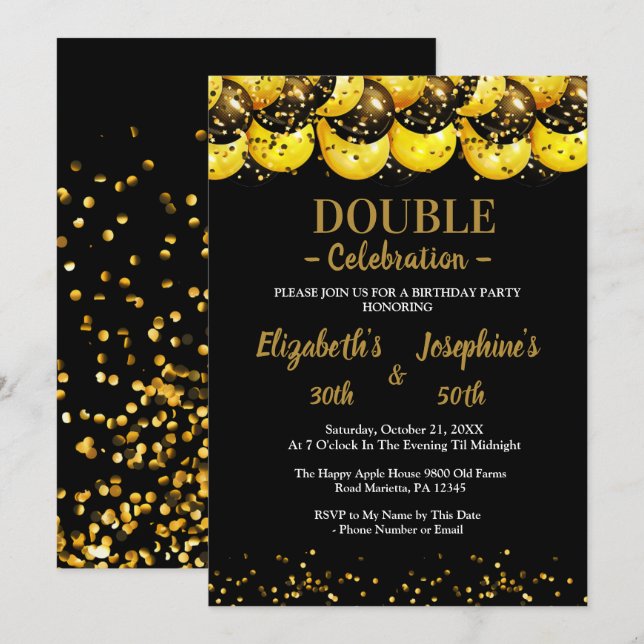 Black Elegant Dual Birthday Soiree Invitation (Front/Back)