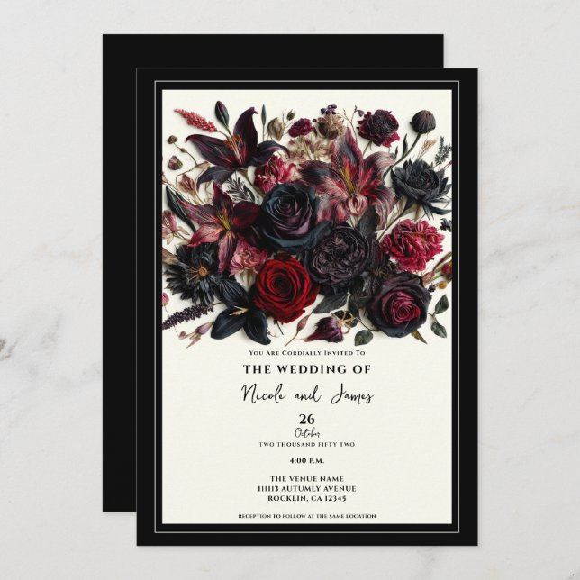 Black Elegant Fall Pressed Flowers Dark Wedding Invitation (Front/Back)