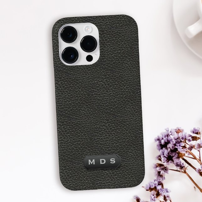 Black Elegant Faux Leather Monogram iPhone Case (A classic and timeless black faux leather look phone case with space for your initials)