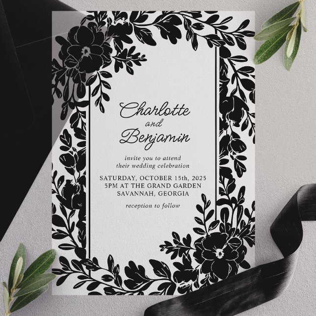 Black Elegant Floral Border Frame Wedding Vellum Invitations (Creator Uploaded)