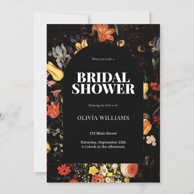 Black Elegant Floral Bridal Shower Invitation (Front)