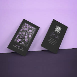 Black Elegant Floral Business Card with QR Code