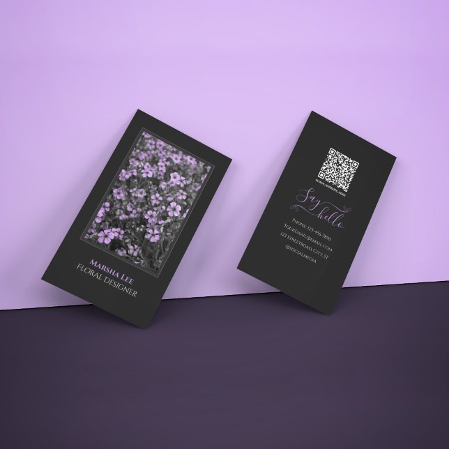 Black Elegant Floral Business Card with QR Code (Creator Uploaded)