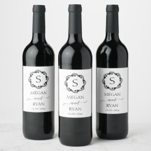 Black Elegant Floral Frame Monogram Heart Wine La Label