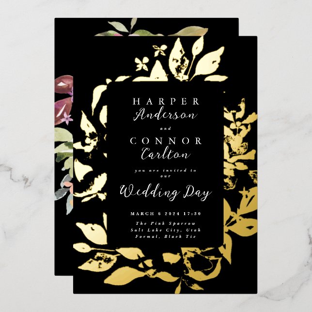 Black Elegant Floral Pressed Gold Wedding (Front/Back)