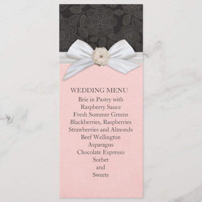 Black Elegant Floral Ribbon Damask Wedding Menu (Front)