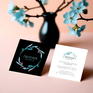 Black Elegant Floral Watercolor Botanical Crest Square Business Card