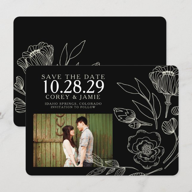 Black Elegant Floral Wedding Save The Date (Front/Back)