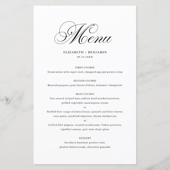 Black Elegant Flourish Script Wedding Menu Card (Front)