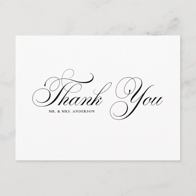Black Elegant Flourish Script Wedding Thank You Postcard (Front)