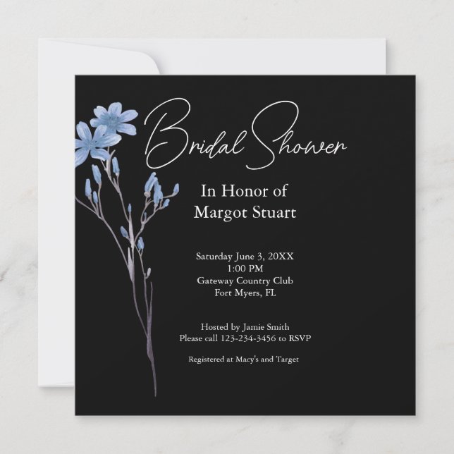 Black Elegant Flower White Script Bridal Shower (Front)