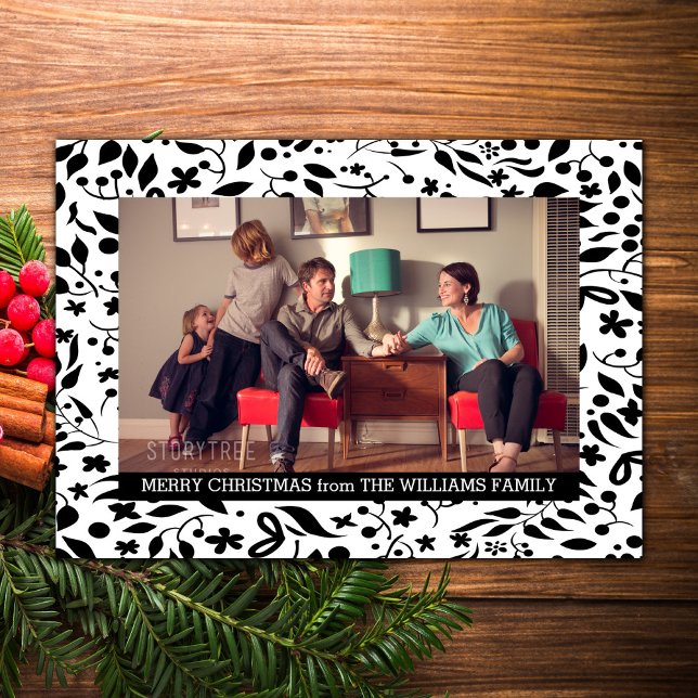 Black Elegant Foliage Holiday Photo Flat (Black Elegant Foliage Holiday Photo Card)