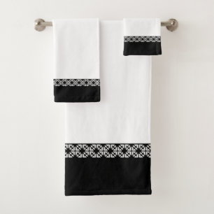 Black Elegant Geometric Border on White  Bath Towel Set