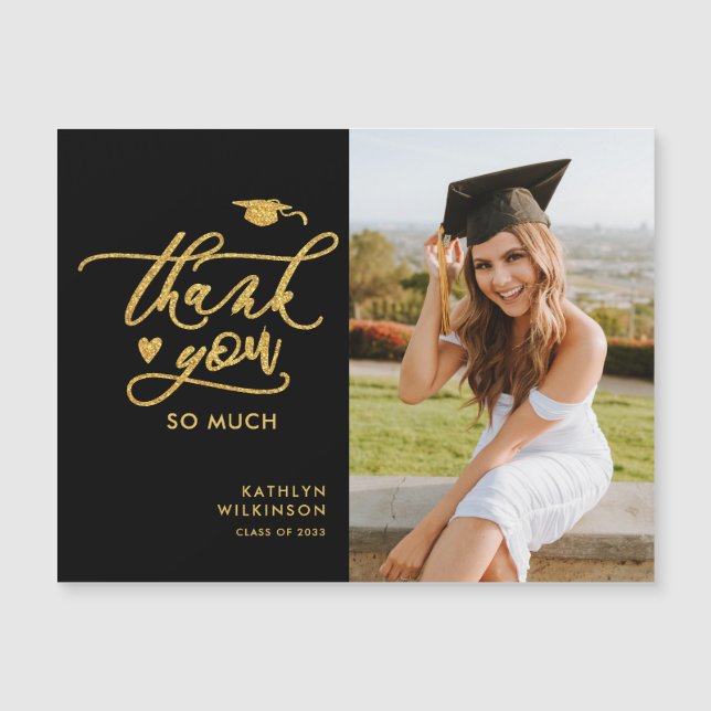 Black Elegant Gold Script Graduation Thank You (Front)