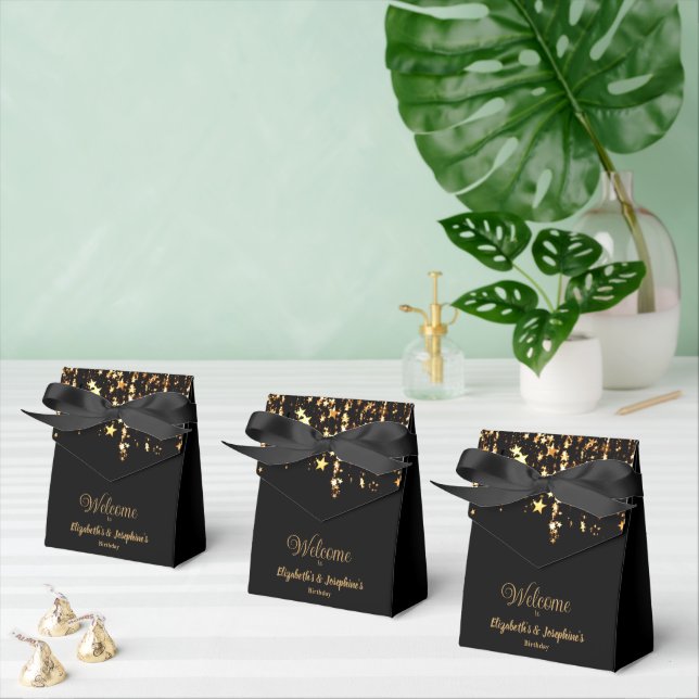 Black elegant & gold stars double joint birthday favour box (Multiple)