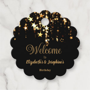 Black elegant & gold stars double joint birthday favour tags